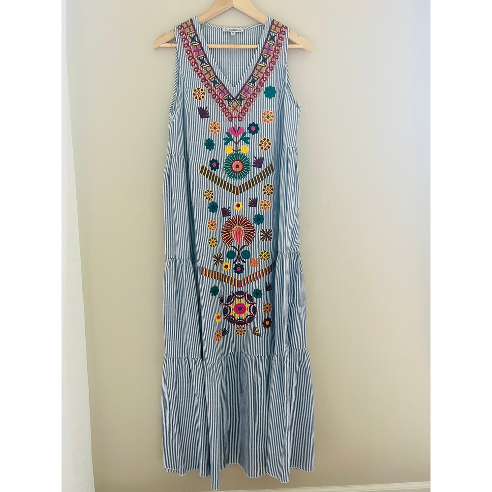 See and Be Seen tiered Blue White Striped Embroidered Cotton Maxi Dress D5088 M